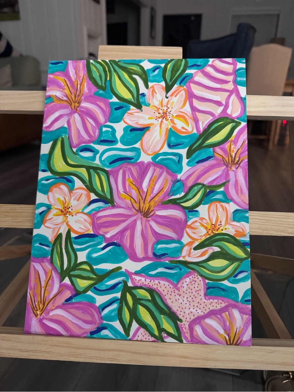 Bright Tropical Floral Painting in Pink, Teal & Green